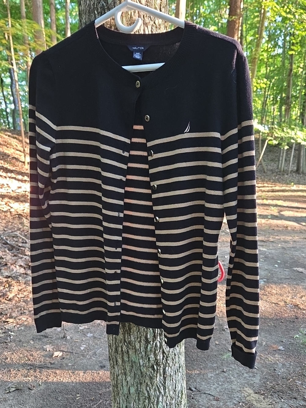Nautica Black and Tan Striped Button Cardigan Womens SZ L